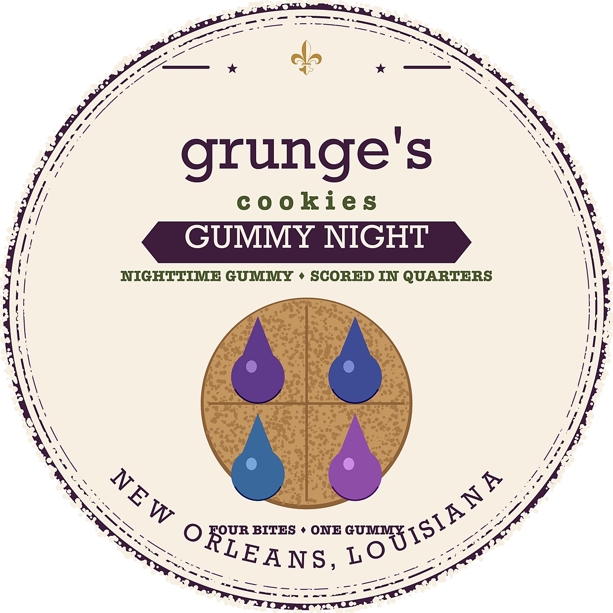 Grunge's Gummy Night badge — a cookie scored in quarters with a nighttime gummy droplet on each quarter