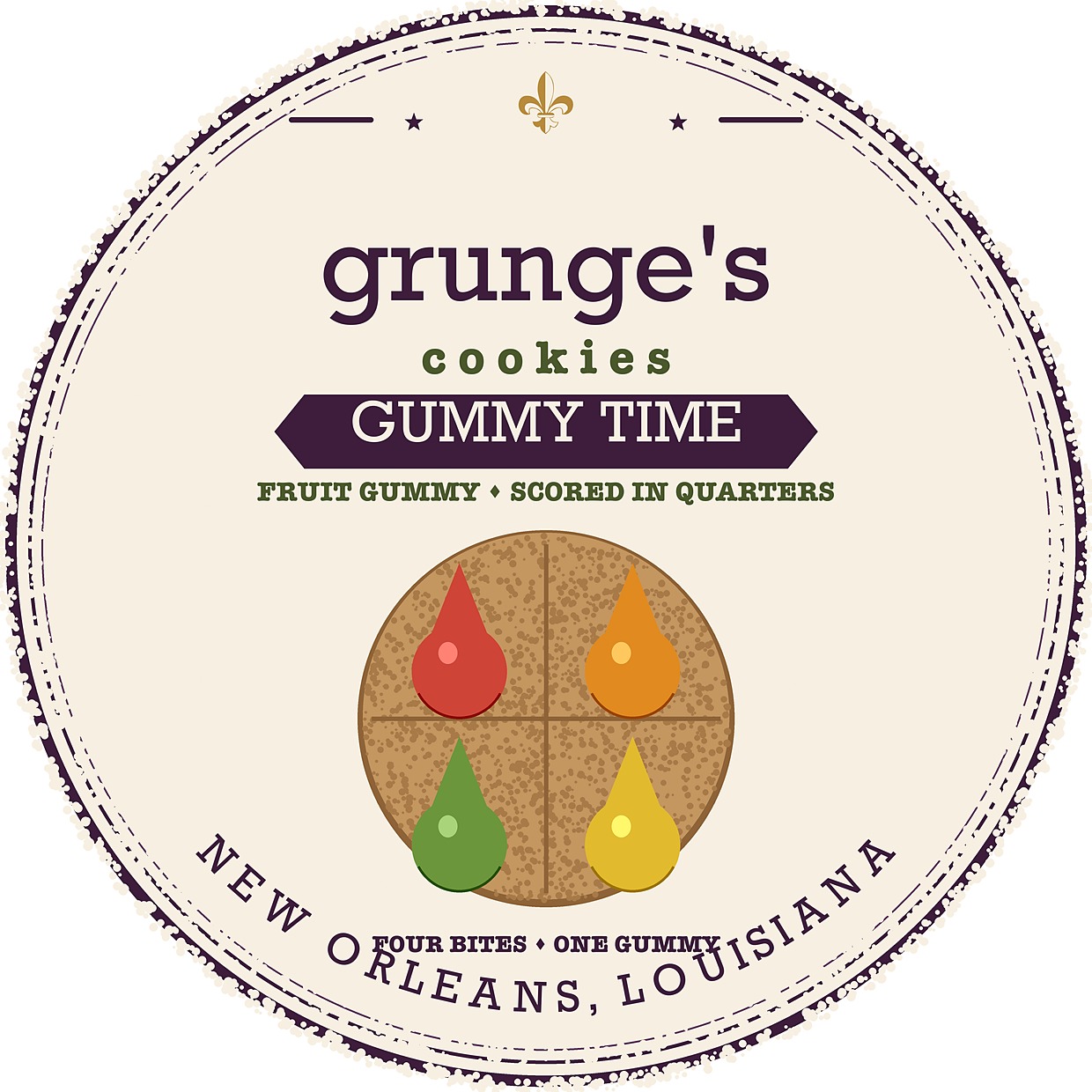 Grunge's Gummy Time badge — a cookie scored in quarters with a fruit gummy droplet on each quarter
